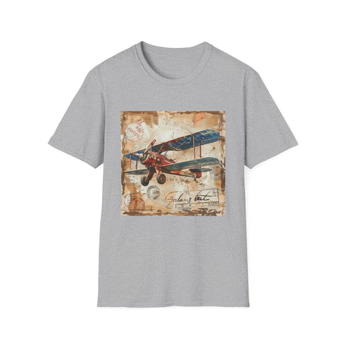 Charcoal vintage airplane adventure t-shirt featuring travel stamps on soft cotton fabric