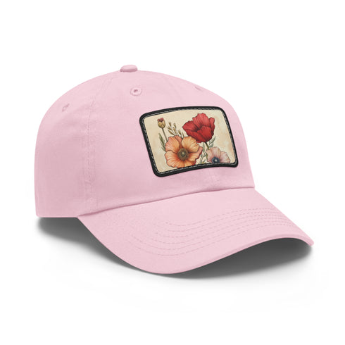 Blooming Blossoms Baseball Cap in White with Light Brown Rectangle Patch.