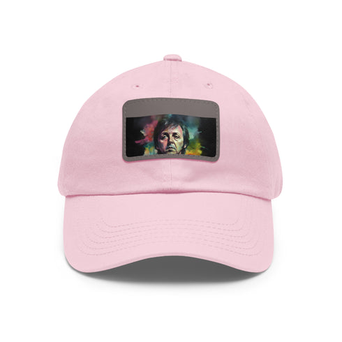 Neon watercolor baseball cap with Paul McCartney design, white/light brown patch.
