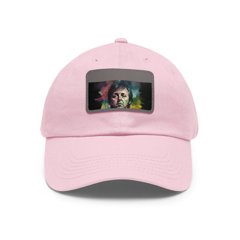 Neon watercolor baseball cap with Paul McCartney theme, white/light brown rectangle.