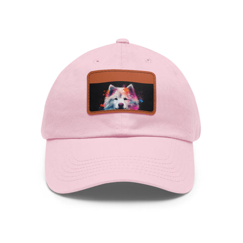 White baseball cap with light brown patch, perfect for dog lovers.