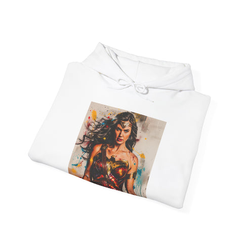 Navy Themysciras Palette Hoodie featuring Wonder Woman painting a serene landscape.
