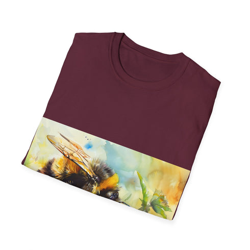 Charcoal watercolor tee with vibrant bumblebee print in soft cotton fabric