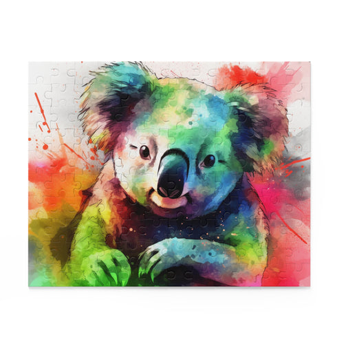 Vibrant watercolor koalas jigsaw puzzle for animal lovers and enthusiasts.