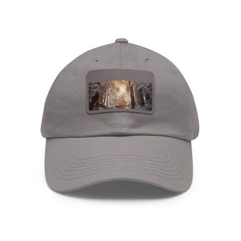 Winter forest themed white cotton baseball cap with light brown patch.