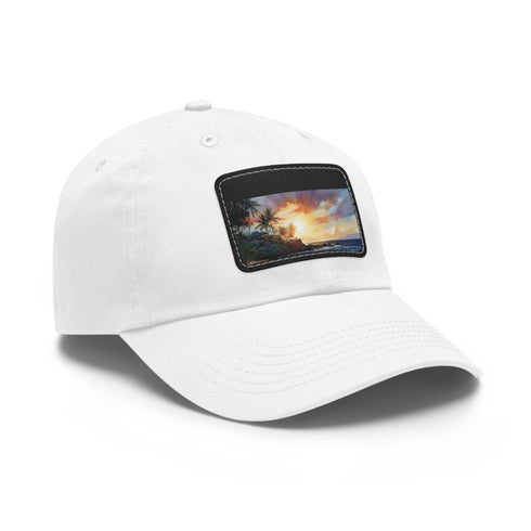 Hawaiian Sunset Paradise Cap, White with Light Brown Patch, Beach Print