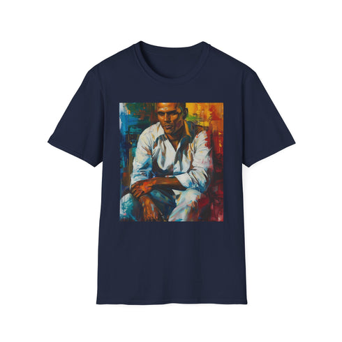 Charcoal cotton T-shirt with vibrant Harry Belafonte portrait in crew neck style