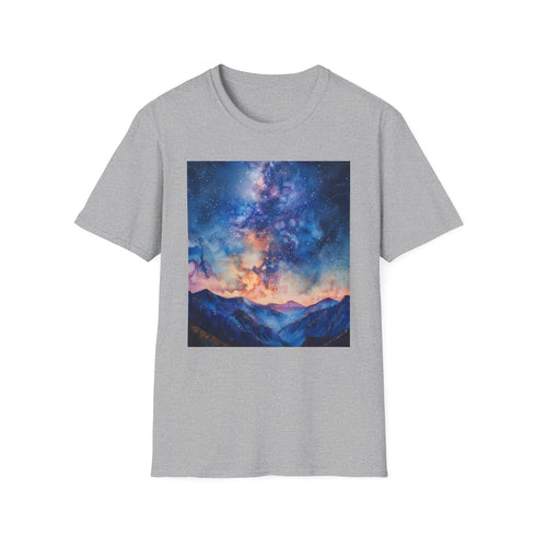 Charcoal cotton T-shirt with celestial Milky Ways painting in vibrant colors