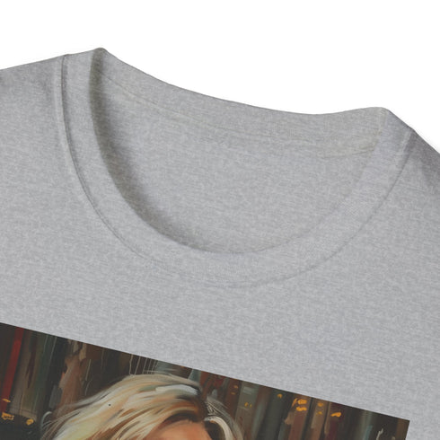 Charcoal cotton crew neck T-shirt displaying J.K. Rowling's vivid painting