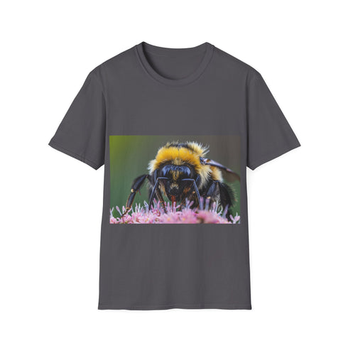 Charcoal cotton crew neck t-shirt with vibrant bumblebee watercolor design