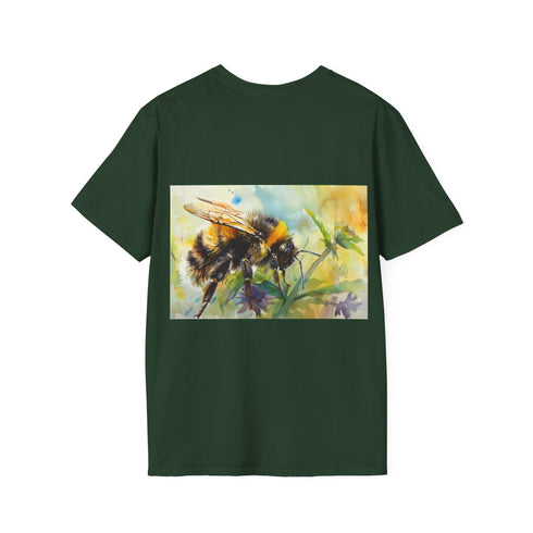 Charcoal cotton crew neck t-shirt with vibrant bumblebee watercolor design