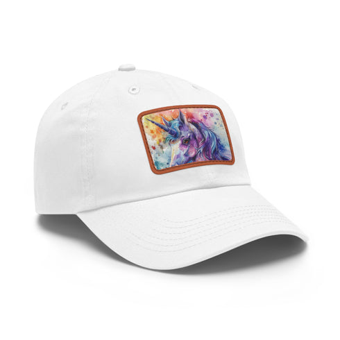Magical Watercolor Unicorn Baseball Cap in White with Light Brown Patch