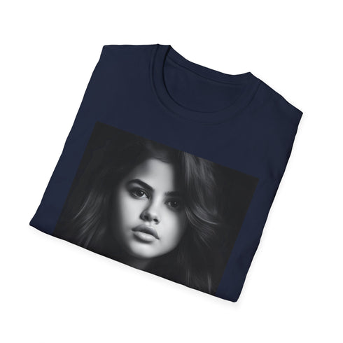 Selena Gomez charcoal T-shirt with vibrant watercolor brushstrokes.