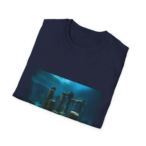 Charcoal crew neck cotton t-shirt with mysterious ancient ruins graphic