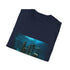 Charcoal crew neck cotton t-shirt with mysterious ancient ruins graphic