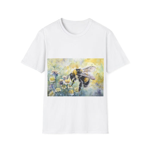 Charcoal cotton watercolor t-shirt featuring buzzing bumblebee design in vibrant colors