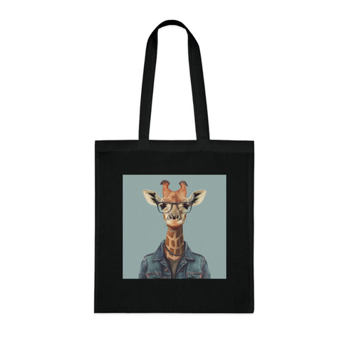 Stylish black tote with geeky giraffe design in cotton fabric.