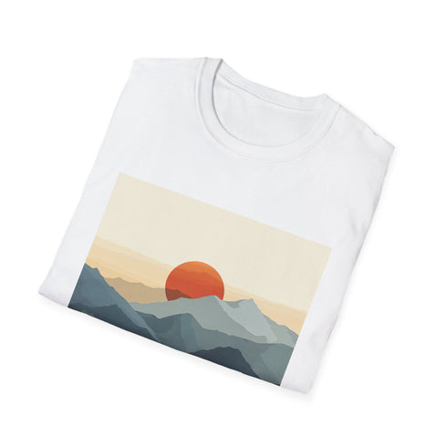 Minimalist charcoal t-shirt with sunrise mountain range design, DTG print.