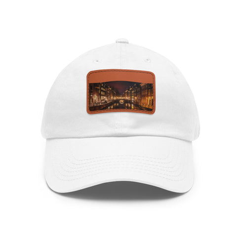 Midnight reflections white baseball cap with Amsterdam canals scene.