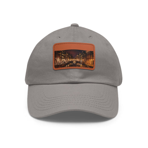 White cotton baseball cap featuring Amsterdam Canals nighttime scene.