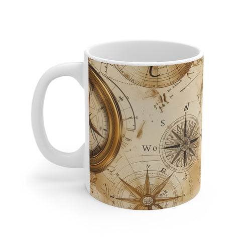 Vintage map pattern 11 oz ceramic coffee mug for explorers.