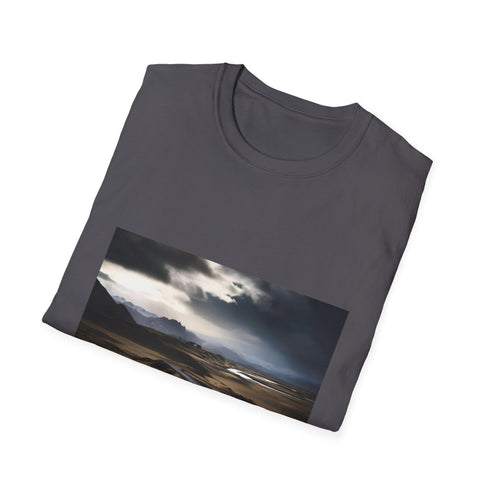 Charcoal crew neck cotton T-shirt with Icelandic landscape graphic in vibrant colors