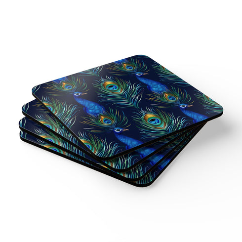 Square corkwood coasters set with vibrant blue peacock feathers pattern.
