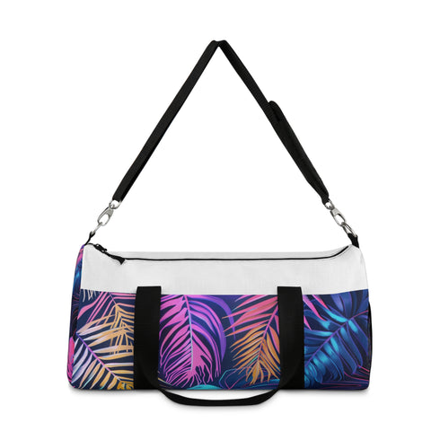 Neon Tropic Duffel Bag with vibrant neon palm tree pattern.
