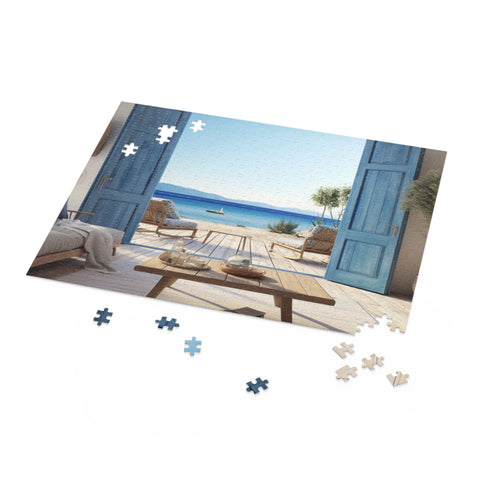 Blue Wood Puzzle with Charming Window and Opened Door Design