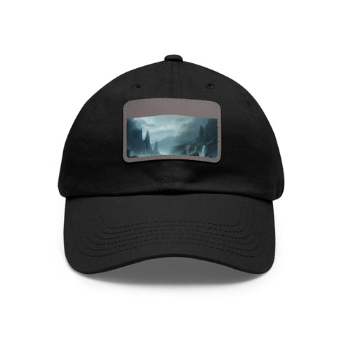 White baseball cap with mystical landscape patch for adventurous spirits.