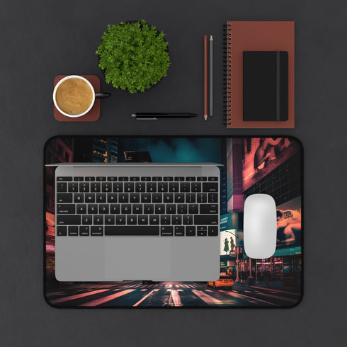 Nighttime Times Square desk mat with vibrant urban night photograph.