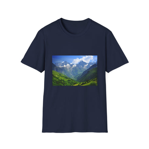 Charcoal cotton crew neck T-shirt featuring majestic alpine peaks graphic