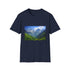Charcoal cotton crew neck T-shirt featuring majestic alpine peaks graphic