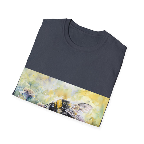 Charcoal cotton tee with vibrant watercolor bumblebee design