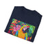 Charcoal cotton crew neck t-shirt featuring a vibrant tropical parrot design