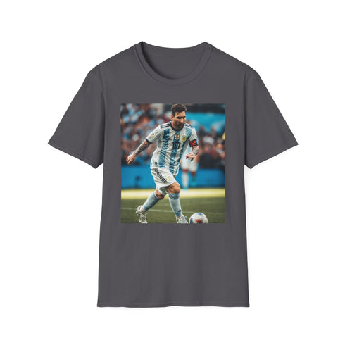 Charcoal cotton t-shirt with vibrant watercolor Messi-inspired Argentinian design