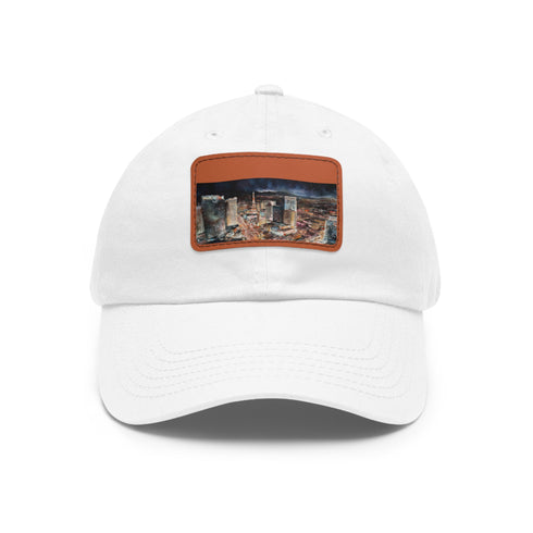 Nighttime Vegas skyline cotton baseball cap with colorful neon lights design.
