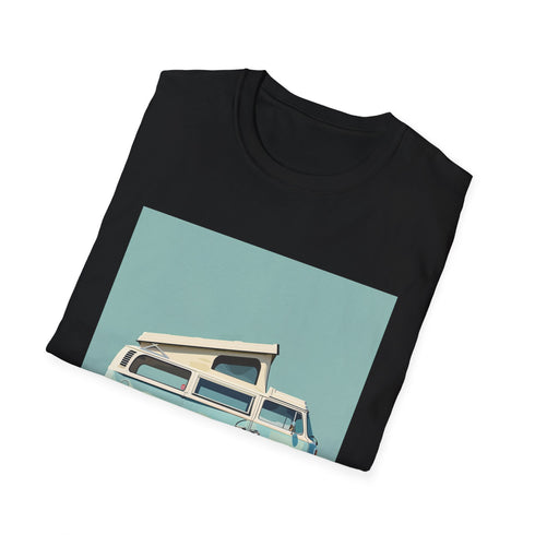 Vintage camper van graphic charcoal t-shirt for road trip lovers.