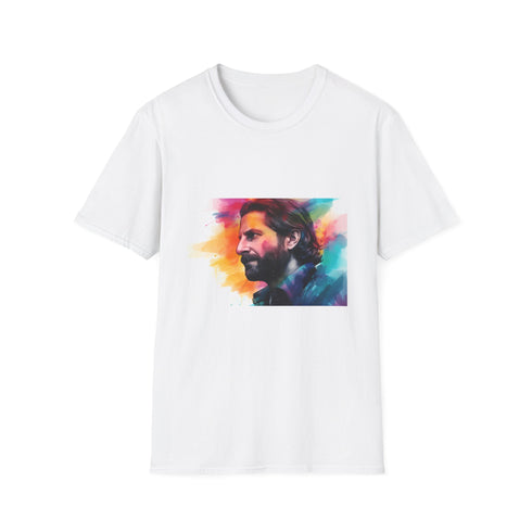 Charcoal cotton crew neck t-shirt with vibrant watercolor Bradley Cooper design