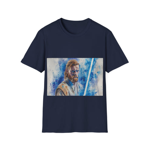 Blue lightsaber graphic tee, cotton crew neck, perfect summer pick.