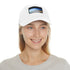 White baseball cap with Malibu beach image - perfect for sunny days.
