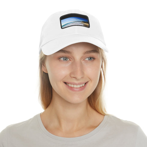 Malibu Dreamin White Baseball Cap with Light Brown Patch on Rectangle