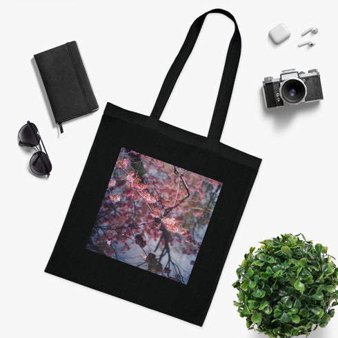 Cherry Blossom Bloom Tote Bag in Black Cotton with Serene Design