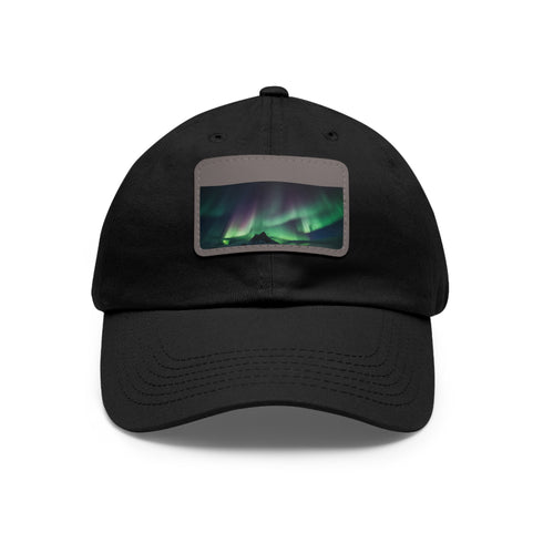 Northern Lights glow baseball cap in white with light brown patch.