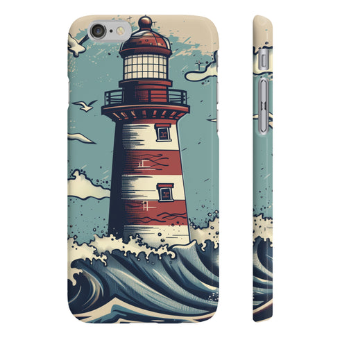 Hand-drawn coastal lighthouse phone case, glossy, slim, versatile iPhone/Samsung option.