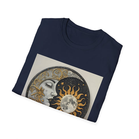 Charcoal cotton T-shirt with mandala sun and moon design and crew neck