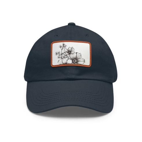 Hand-drawn floral baseball cap in white with light brown patch.
