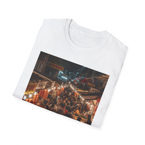 Charcoal cotton crew neck T-shirt with vibrant Asian night market design