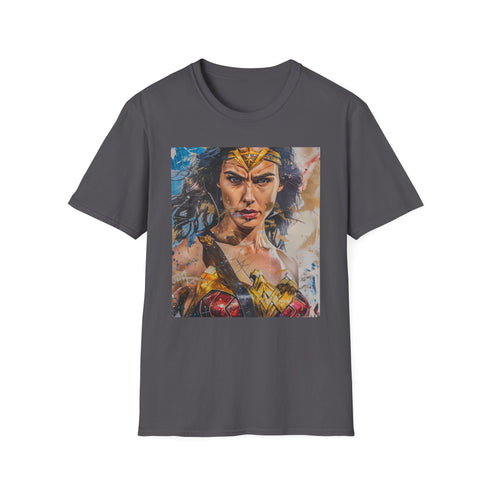Charcoal cotton crew neck t-shirt with vibrant Wonder Woman portrait