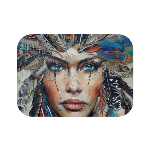 Bohemian feather bath mat with earthy tones for bathroom decor.